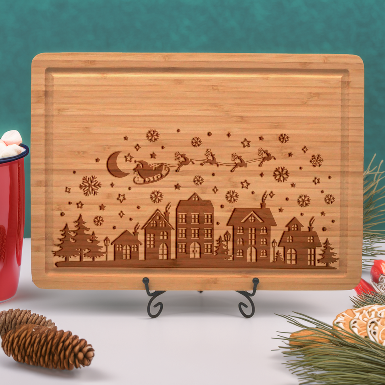 Engraved Christmas Cutting Board – Santa & Reindeer Flying Over Village Scene