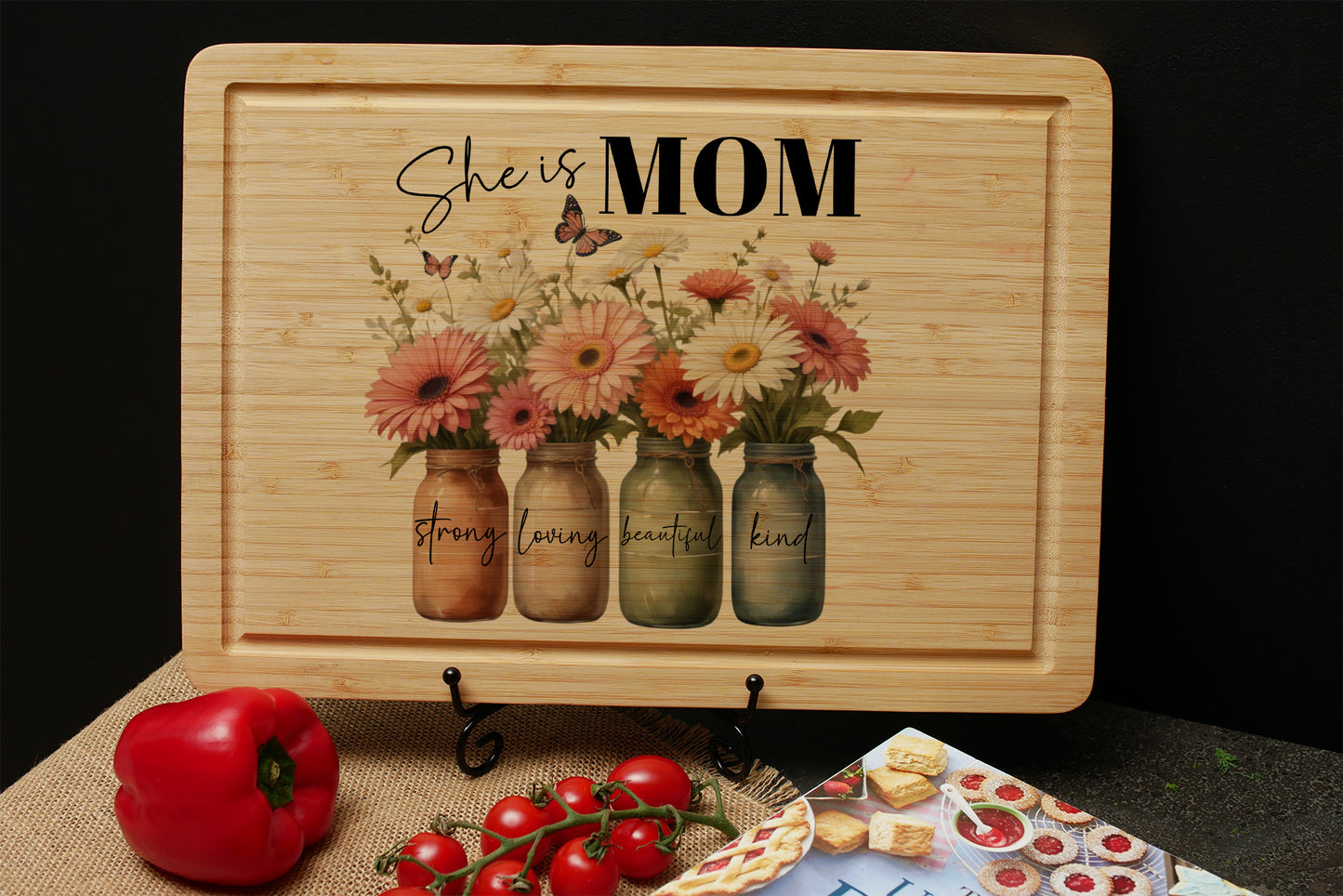 She Is Mom Sublimation Cutting Board, Mom Birthday Gifts from Son and Daughter, Mothers Day Kitchen Gifts for Mom, Moms Kitchen Charcuterie Board