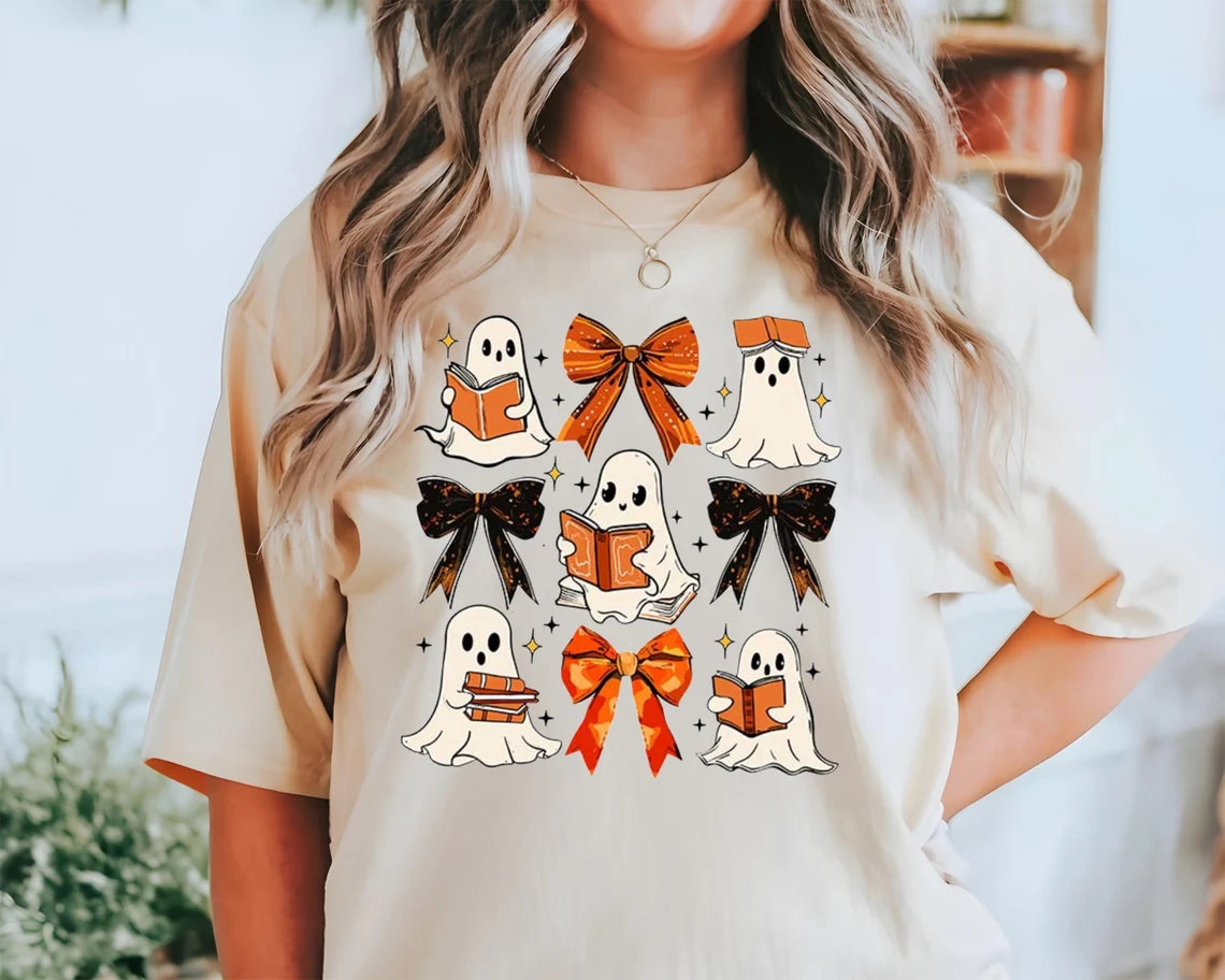 Cute Halloween Ghosts T Shirt Adorable Reading Ghosts with Bows Un IKAY Design