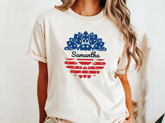 Custom American Flag Sunflower Shirt, 4th of July Comfort Colors Shirt, Independence Day Women Tee, USA Flag Flower Tees, Gift For American