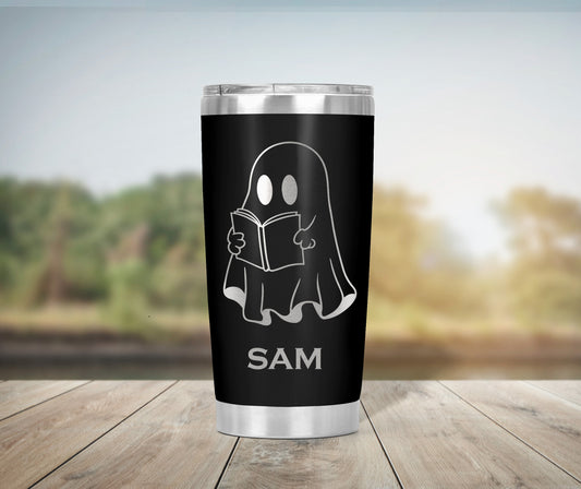 Personalized Halloween Tumbler – Ghost Reading a Book | Custom Engraved Cup 👻📚