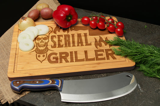 Engraved Bamboo Cutting Board – “Serial Griller” Design Funny BBQ Gift | Grill Master Kitchen Decor | Father's Day, Birthday, or Housewarming Gift
