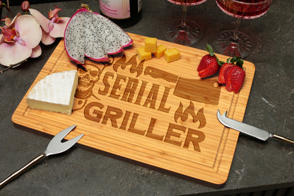 Engraved Bamboo Cutting Board – “Serial Griller” Design Funny BBQ Gift | Grill Master Kitchen Decor | Father's Day, Birthday, or Housewarming Gift