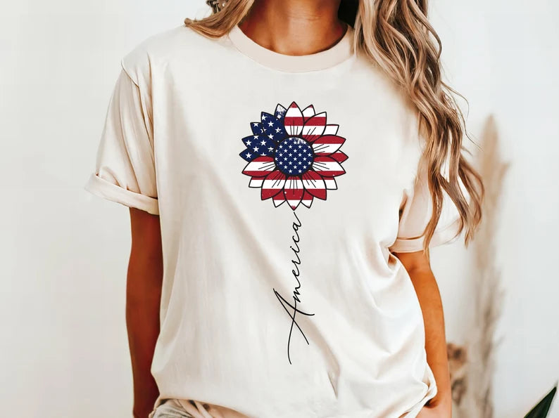 America Sunflower Shirt, 4th of July Comfort Colors Shirt, Independence Day Women Tee, USA Flag Flower Tees, Gift For American, Merica Shirt