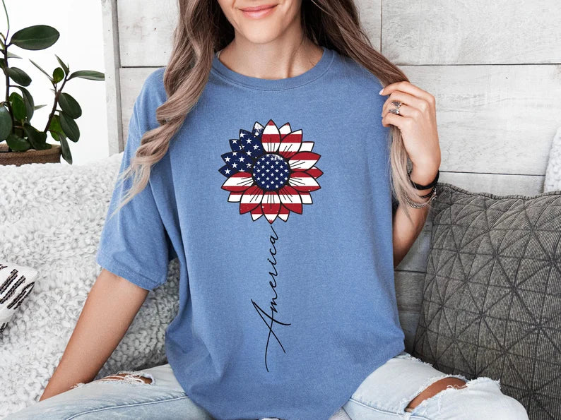 America Sunflower Shirt, 4th of July Comfort Colors Shirt, Independence Day Women Tee, USA Flag Flower Tees, Gift For American, Merica Shirt