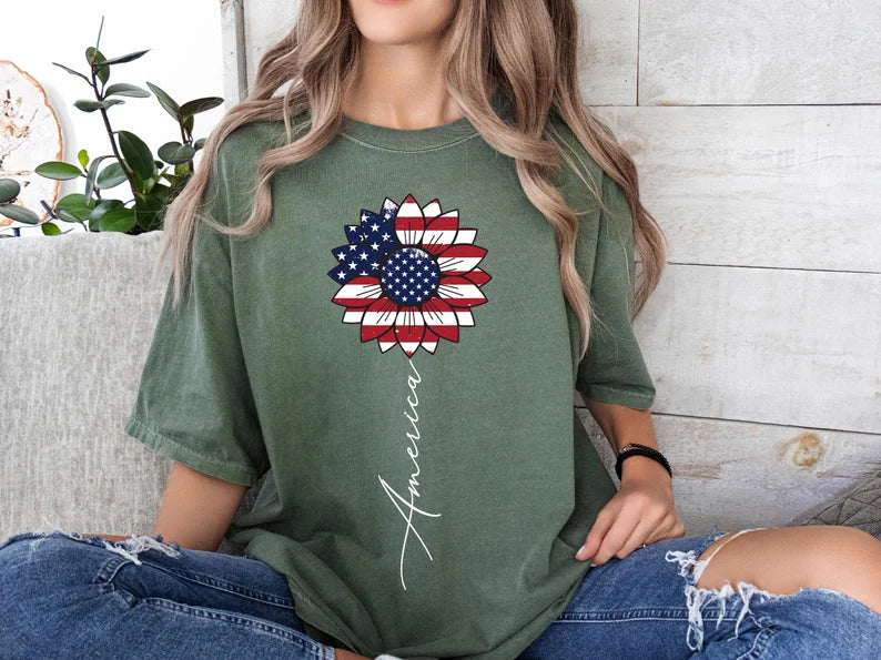 America Sunflower Shirt, 4th of July Comfort Colors Shirt, Independence Day Women Tee, USA Flag Flower Tees, Gift For American, Merica Shirt