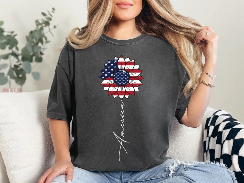 America Sunflower Shirt, 4th of July Comfort Colors Shirt, Independence Day Women Tee, USA Flag Flower Tees, Gift For American, Merica Shirt