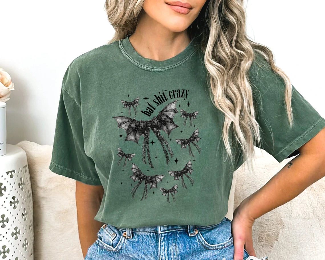 Bat Shit Crazy Halloween T-Shirt - Women's Spooky Season Tee with Bats