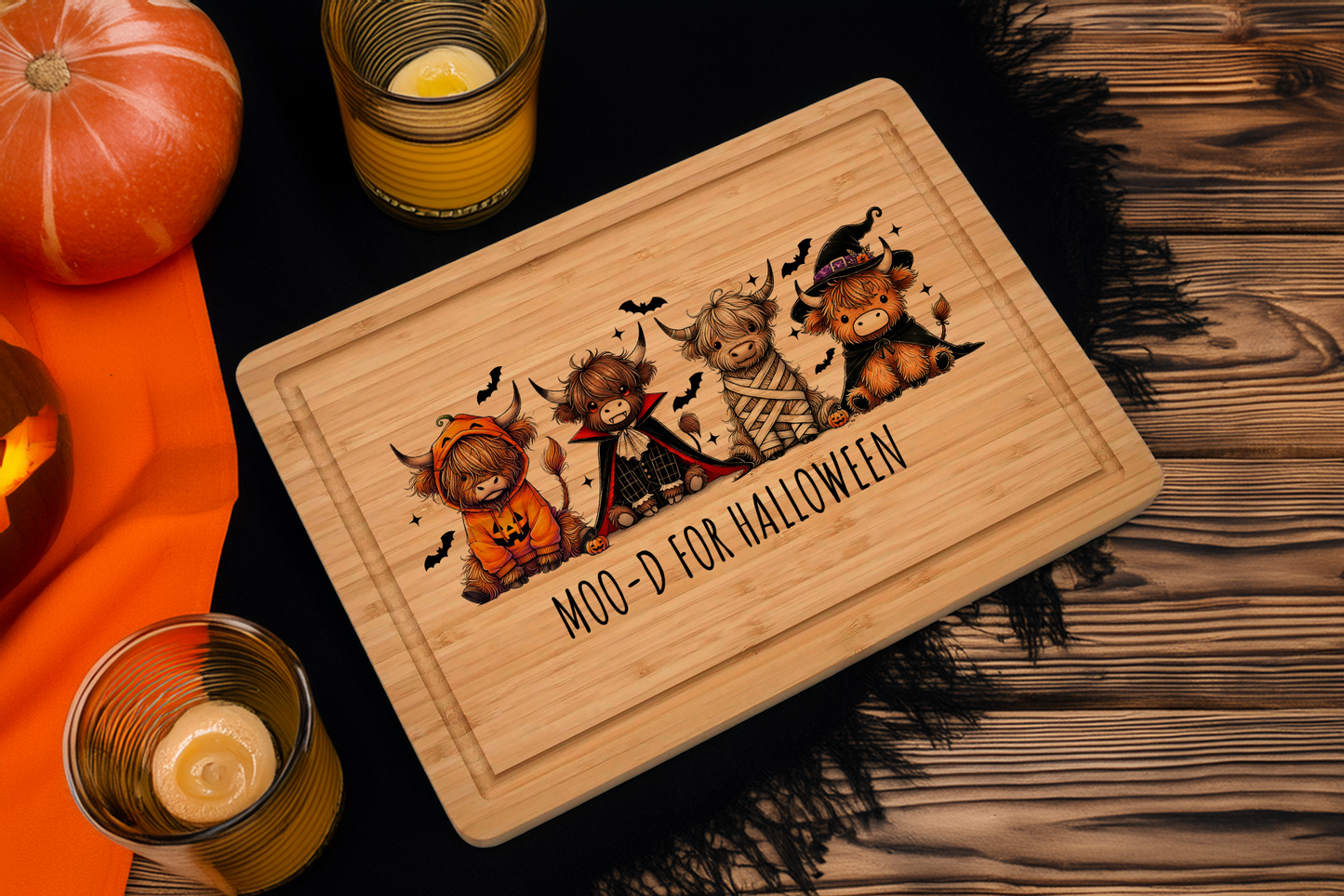 Sublimation Bamboo Cutting Board – “Moo-d Up for Halloween” Highland Cow Design