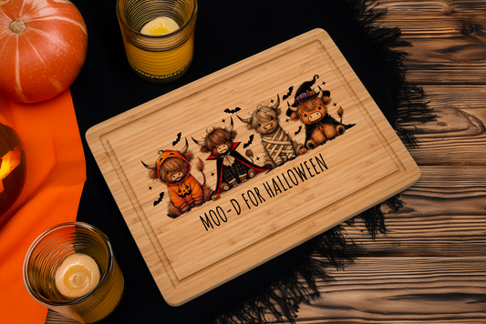 Sublimation Bamboo Cutting Board – “Moo-d Up for Halloween” Highland Cow Design