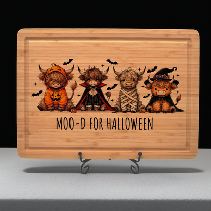 Sublimation Bamboo Cutting Board – “Moo-d Up for Halloween” Highland Cow Design