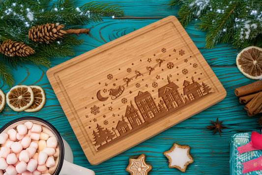 Engraved Christmas Cutting Board – Santa & Reindeer Flying Over Village Scene