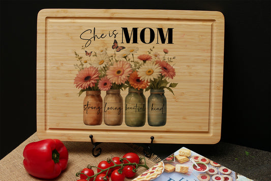 She Is Mom Sublimation Cutting Board, Mom Birthday Gifts from Son and Daughter, Mothers Day Kitchen Gifts for Mom, Moms Kitchen Charcuterie Board