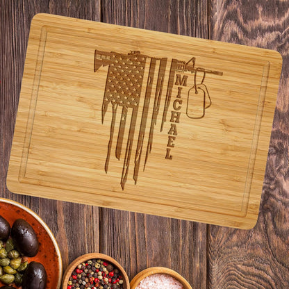 Personalized Veteran's Day Natural Bamboo Cutting Board, Chopping Block Gifts for US Soldier, Custom American Patriot Charcuterie Boards, Customized Memorial Day Gifts for Dad