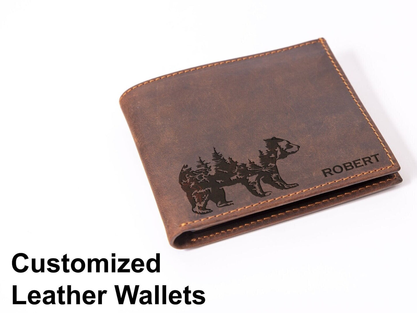 brown leather wallet with bear print