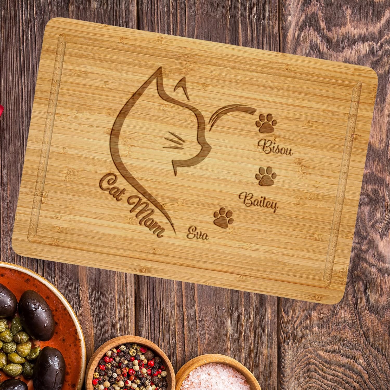 Personalized Cutting Boards for Cat Mom, Custom Natural Bamboo Engraved Chopping Blocks with Cats, Cat Charcuterie Board, Cat Lover Wife Gifts for Anniversary, Christmas, Thanksgiving, Mothers Day