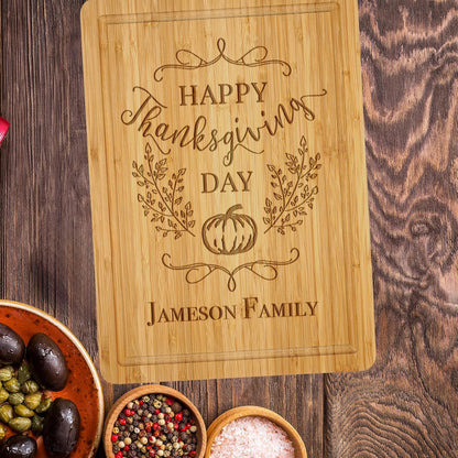 Personalized Happy Thanksgiving Day Cutting Board, Pumpkin Thanksgiving Custom Chopping Blocks, Give Thanks Charcuterie Boards, Natural Bamboo Kitchen Cutting Board