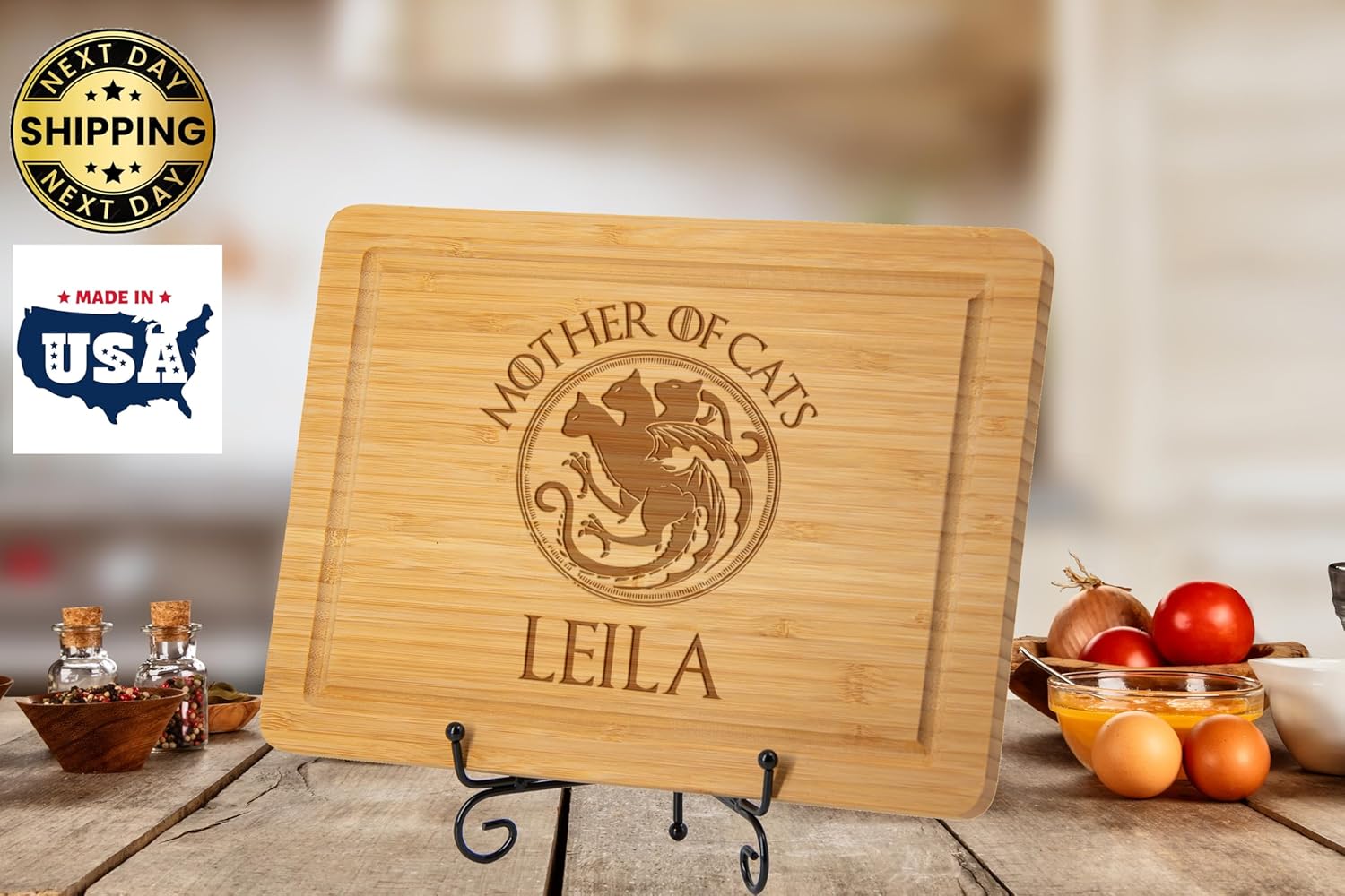 Personalized Cat Mother Cutting Boards for Cat Mom, Custom Natural Bamboo Engraved Chopping Blocks with Cats, Cat Charcuterie Board, Mothers Day Gifts for Mom Cat Lover