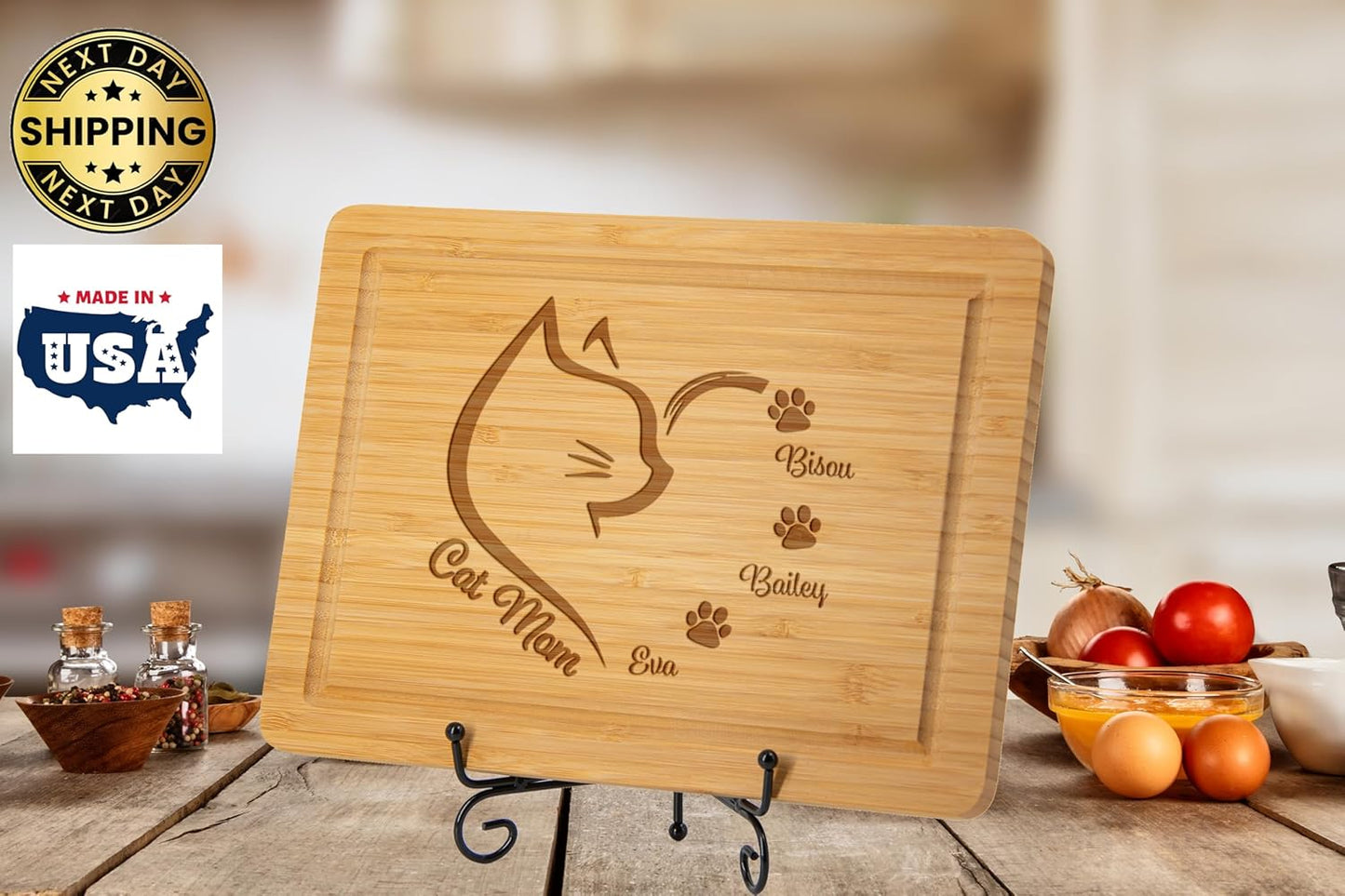 Personalized Cutting Boards for Cat Mom, Custom Natural Bamboo Engraved Chopping Blocks with Cats, Cat Charcuterie Board, Cat Lover Wife Gifts for Anniversary, Christmas, Thanksgiving, Mothers Day