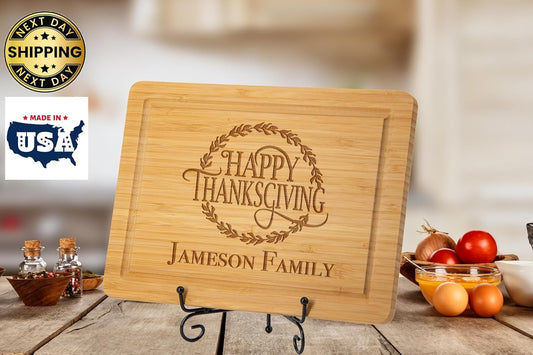 Personalized Happy Thanksgiving Day Cutting Board, Pumpkin Thanksgiving Custom Chopping Blocks, Give Thanks Charcuterie Boards, Natural Bamboo Kitchen Cutting Board