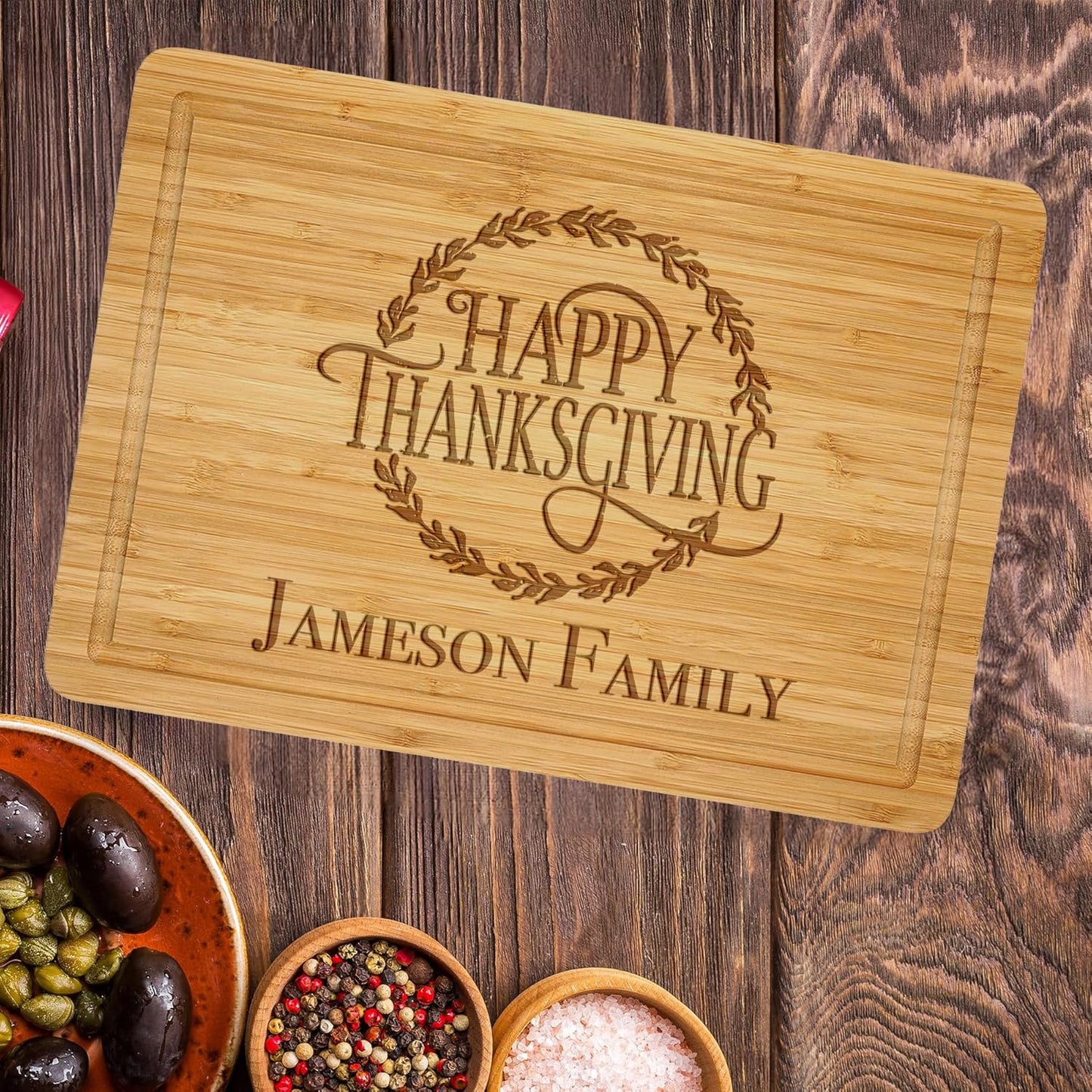 Personalized Happy Thanksgiving Day Cutting Board, Pumpkin Thanksgiving Custom Chopping Blocks, Give Thanks Charcuterie Boards, Natural Bamboo Kitchen Cutting Board