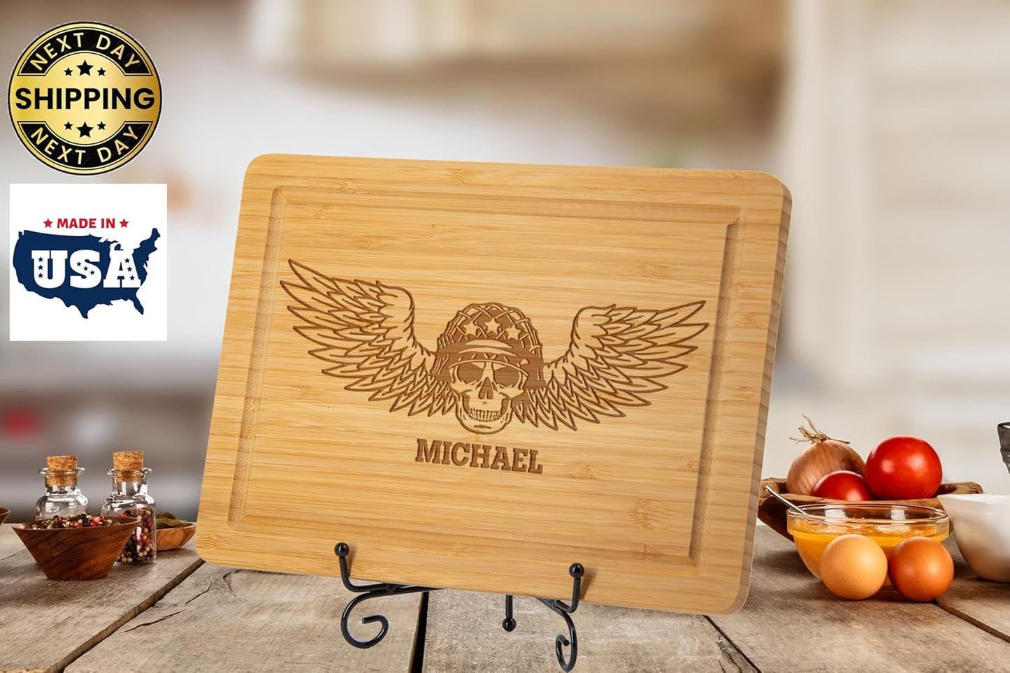 Skull with Wings Cutting Boards, Personalized Veterans Day Gifts for Dad, Custom American Patriots Kitchen Cutting Board, Anniversary Gifts for Husband