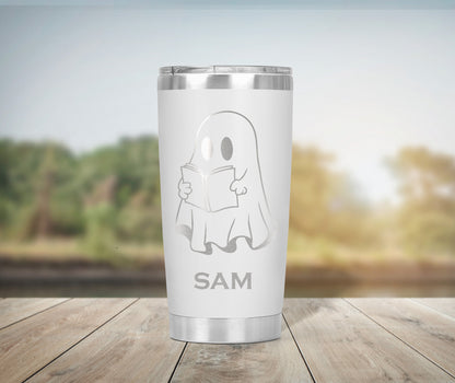 Personalized Halloween Tumbler – Ghost Reading a Book | Custom Engraved Cup 👻📚