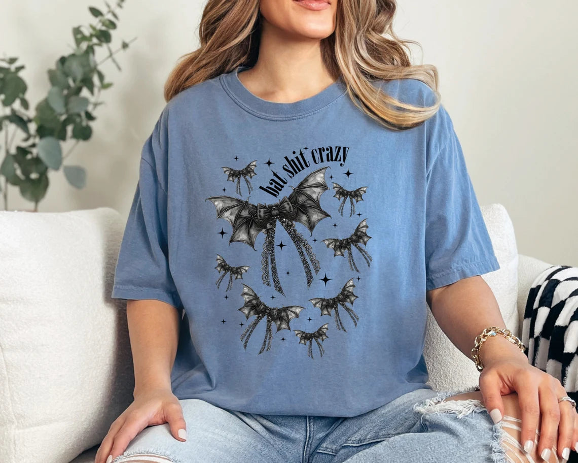 Bat Shit Crazy Halloween T-Shirt - Women's Spooky Season Tee with Bats