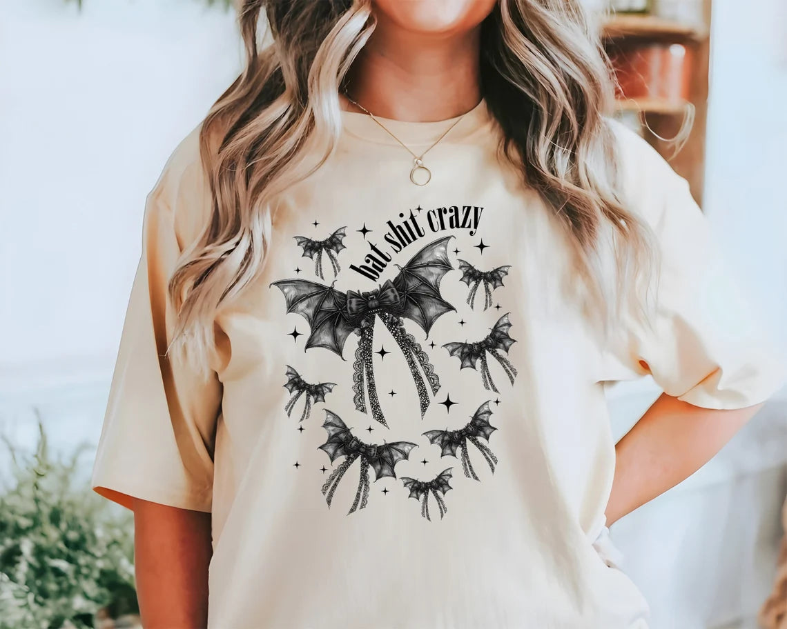 Bat Shit Crazy Halloween T-Shirt - Women's Spooky Season Tee with Bats