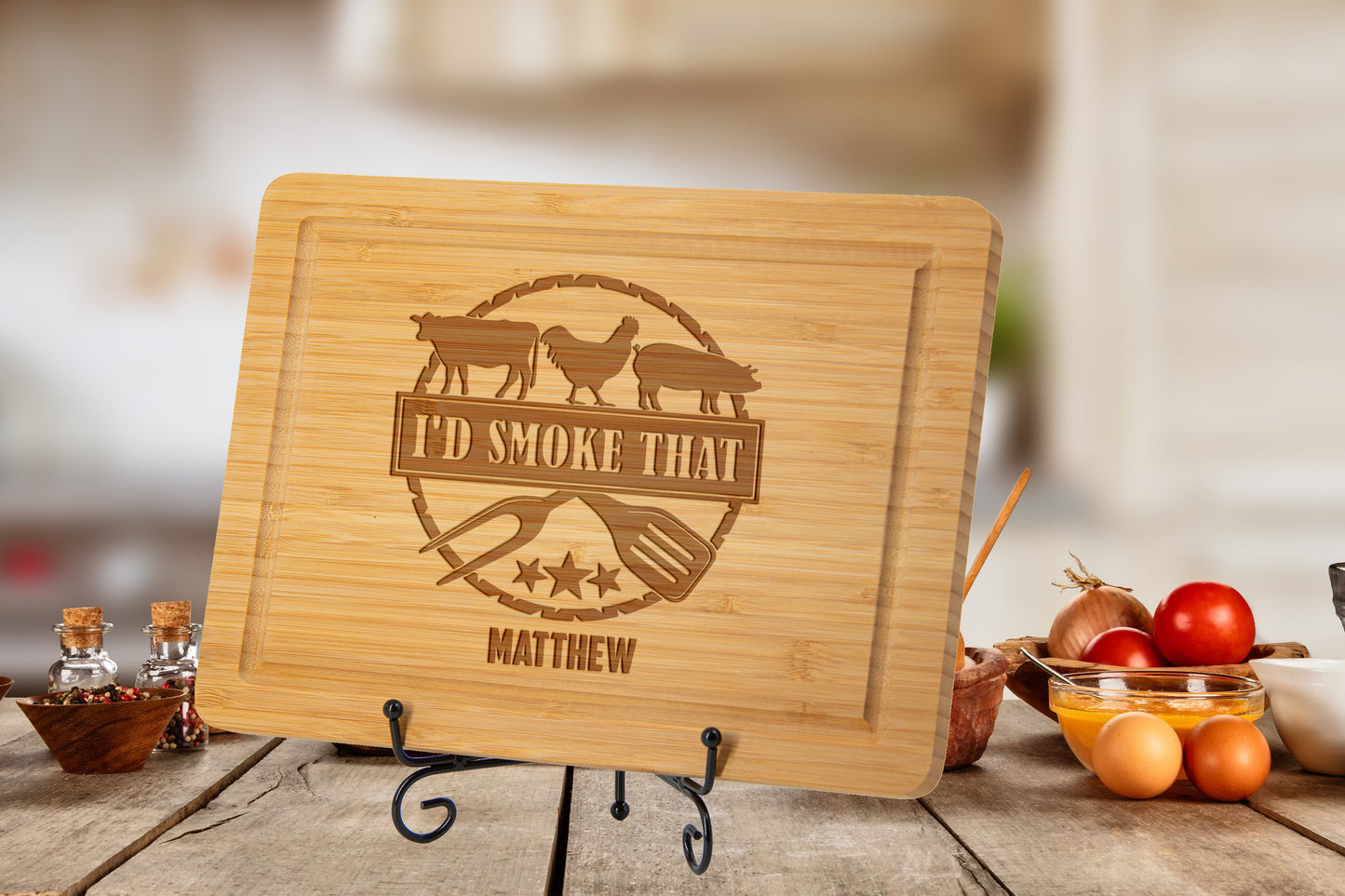 Personalized Engraved Bamboo Cutting Board - Custom BBQ Design with Name