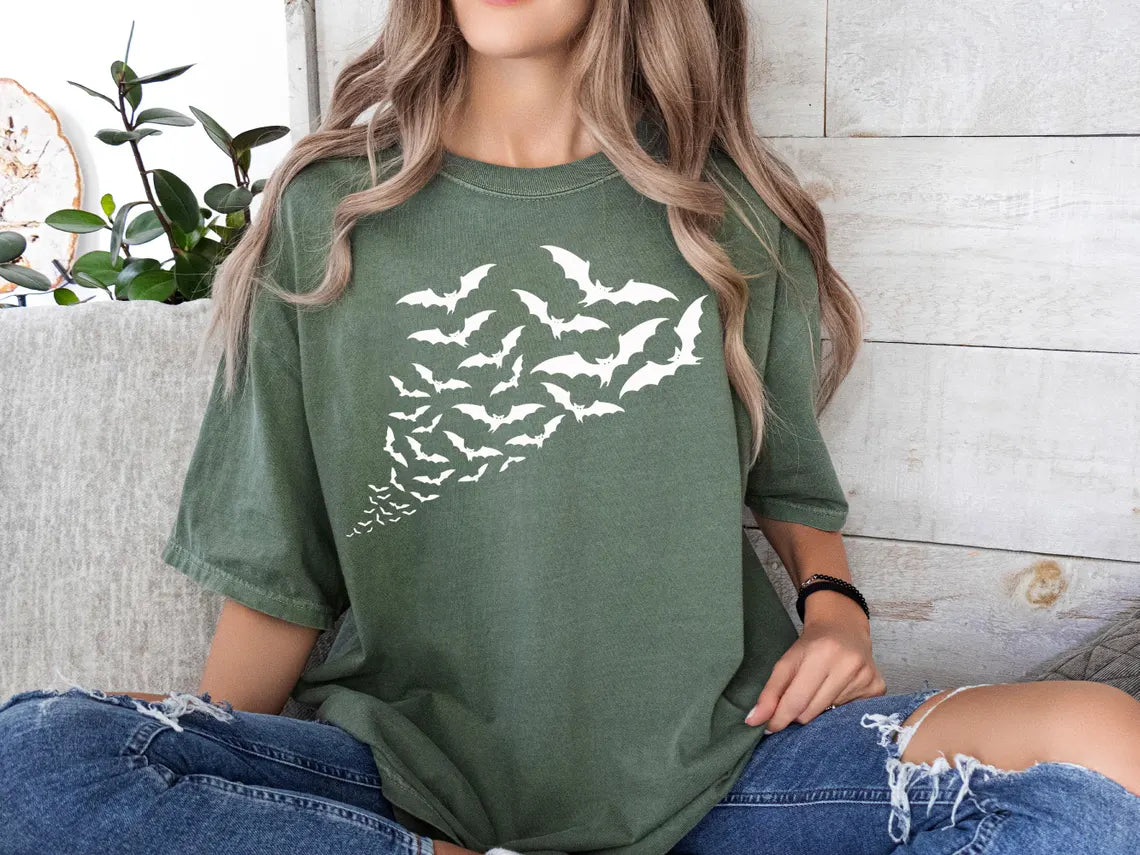 Comfort Colors Halloween Bats Shirt, Scary Halloween Tees - Spooky Bat Design Shirt for Women