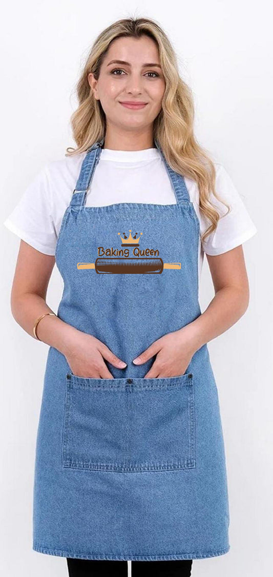 Baking Queen Apron: Personalized Denim Apron with Pockets for Women and Men, Custom Logo, Ideal Kitchen and Cooking Apron!