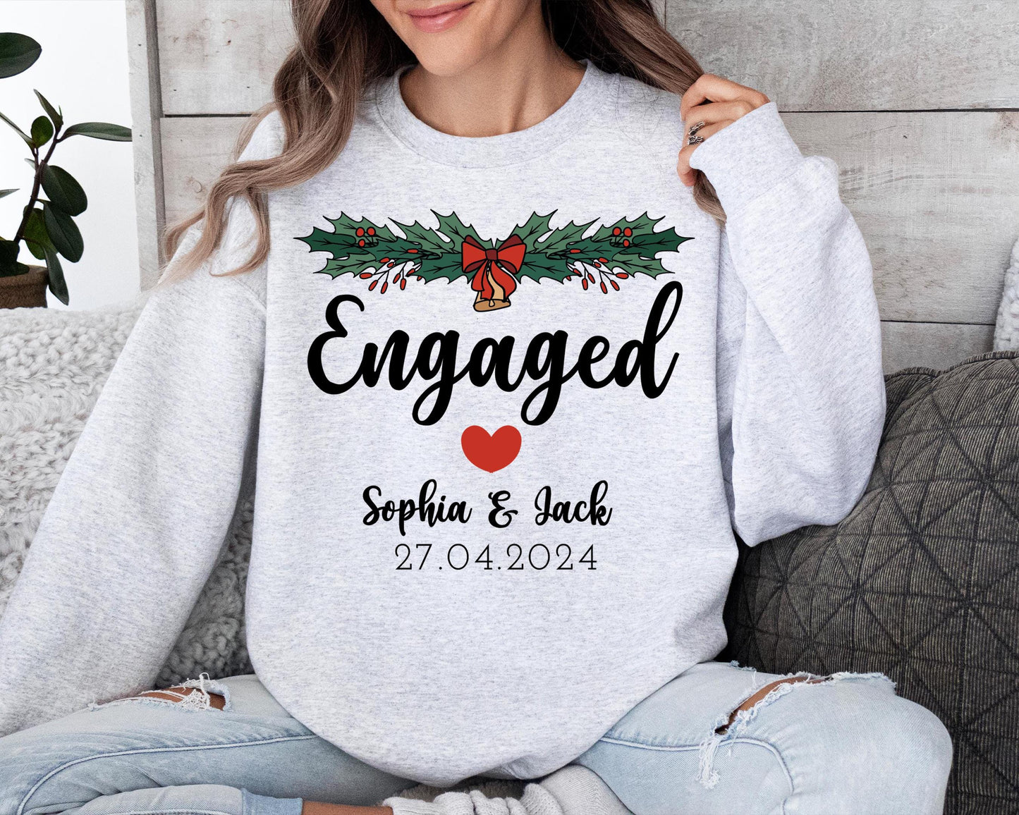 Engagement Christmas Sweatshirt, Personalized Engagement Graphic Pullover, Engaged Christmas Sweater