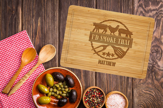 Personalized Engraved Bamboo Cutting Board - Custom BBQ Design with Name